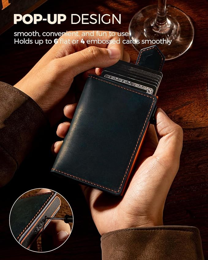 LORZOR Slim Wallet for Men with Security Latch, Pop Up Metal Card Holder Wallet, Finest Full Grain Leather Bifold Wallets, Smart, Minimalist, RFID Blocking, Front Pocket, ID Window