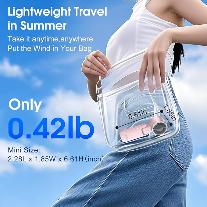 WHATOOK Portable Handheld Fan: Personal Fans with Air Turbo Tech, 5 Speeds Led Display, USB Rechargeable Battery Powered, 12 Hours Max, Mini Fan for Makeup, Concerts, Beaches, Travel (Pink)