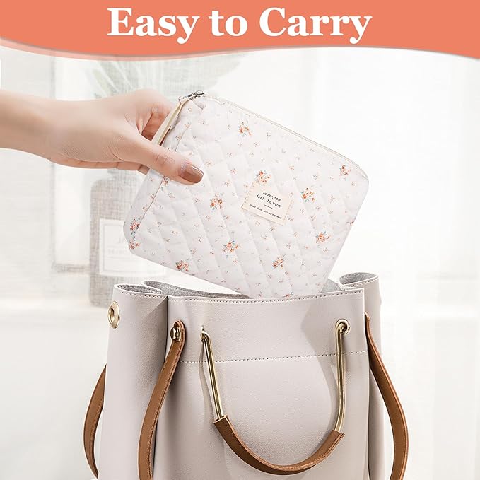 Floral Makeup Bag, Small Cosmetic Bag for Women Girls, Cute Cotton Makeup Bag, Quilted Makeup Bags, Flower Travel Toiletry Organizer Bag(Rose Pattern)