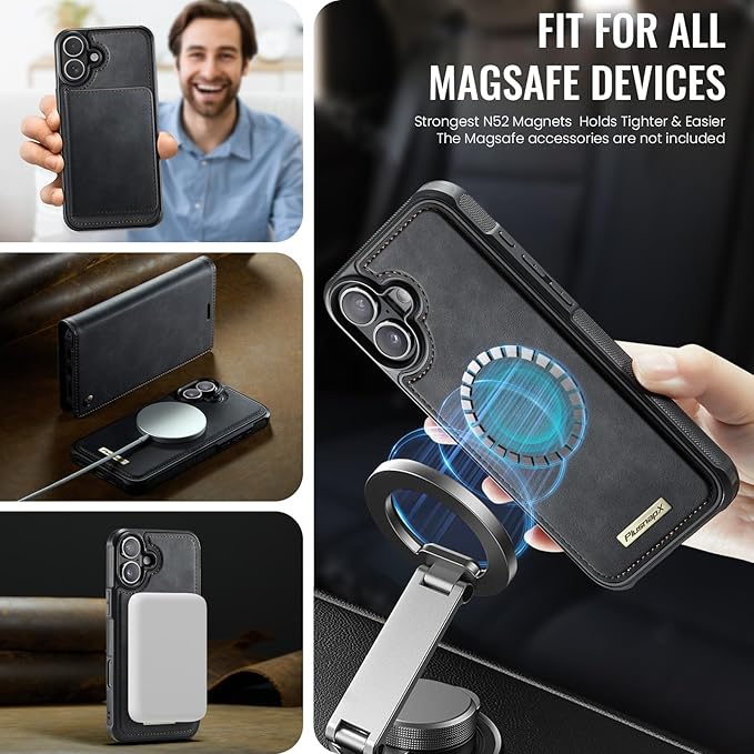 PlusnapX Wallet Case for iPhone 17 Compatible with Magsafe, 2-in-1 PU Leather Flip RFID Blocking Card Holder Stand Shockproof Magnetic Detachable Cover for iPhone 17 Case 6.3", Black
