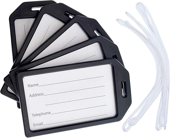 5 Pack - Premium Rigid Airline Luggage Tag Holders with 6" Worm Loops - Heavy Duty Hard Plastic -Suitcase ID Tag Identifiers with Business Card Insert Window by Specialist ID (Black)