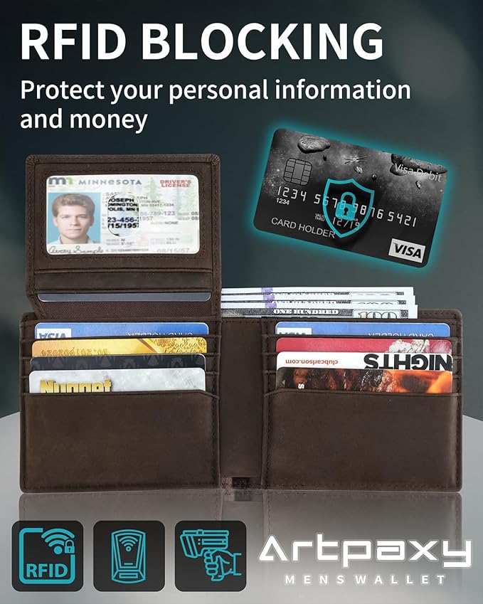 Mens Wallet With AirTag Holder, Bifold Leather RFID Blocking 1-2 ID Windows 12-13 Card Holders, Gift Box and Screen Protector Included, AirTag Not Included