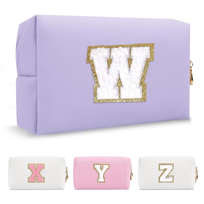 Personalized Makeup Bag Initial A-Z Preppy Patch Bag,Small PU Leather Travel Cosmetic Bag Pouch with Zipper,Purple Cute Toiletry Bag,Gift Ideal for Teen Girls Women Birthday Friend Mom,Latter W