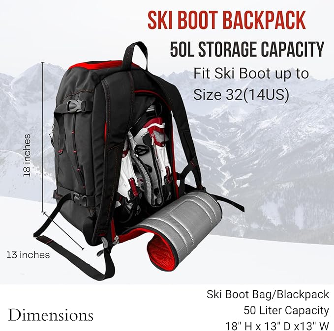 Savvycraft Ski Boot Bag Snowboard Boot Bag, 50L Ski Backpack for Ski and Snowboard Boots, Helmets, Gloves, and Accessories, Lightweight, Durable, Convenient, Red