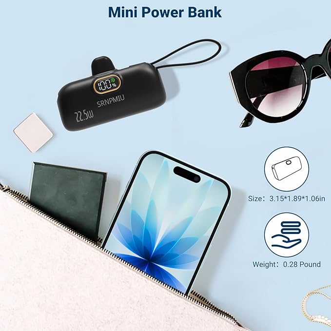 Portable Charger for iPhone 17/16/15 Series, 5000mAh Mini Power Bank with Built-in USB C Connector, 22.5W Fast Charging Battery Pack for Samsung Galaxy S25/S24/S23 Series, iPad etc (Black)