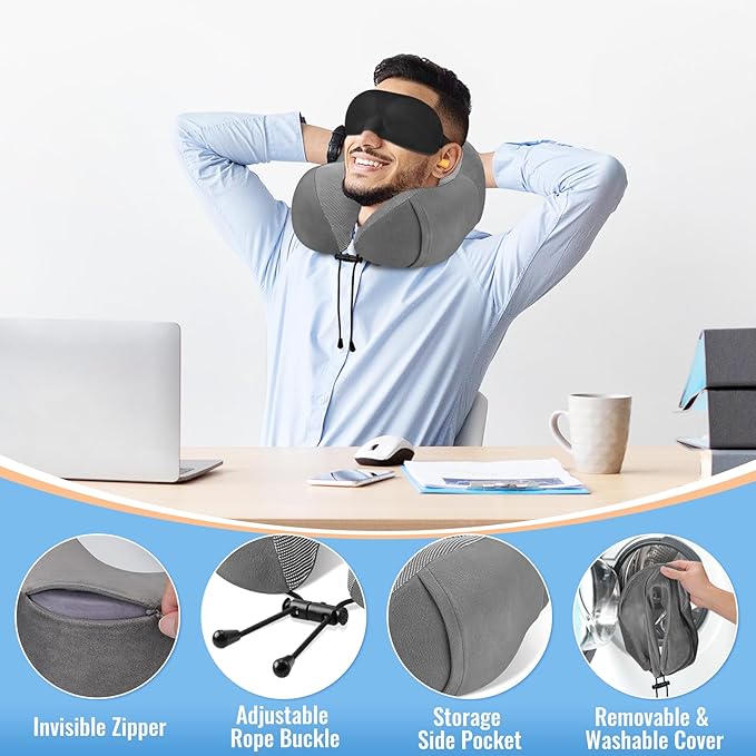CloudBliss Travel Pillow Premium Memory Foam, Comfortable & Supportive Neck Pillow, Sleeping Neck Pillows for Travel, Airplane Pillow for Sleeping Airplane, Car, Office and Home（Dark Grey）