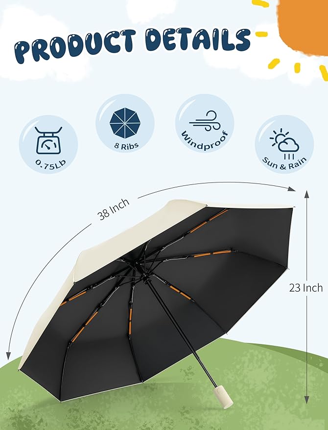 Yoobure Automatic Travel Umbrellas for Rain - Portable & Compact Umbrella for Backpack, Car, UV Umbrellas for Sun Protection, Windproof Folding Small Umbrella in Macaron for Kids, Women, Colorful