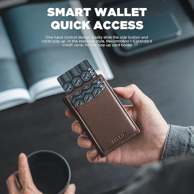 VULKIT Men's Wallet with ID Window Premium Leather Wallets RFID Blocking Minimalist Wallet Pop Up Card Holder Magnetic Closure