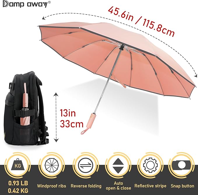 Windproof Travel Umbrella for Rain, Large Portable Reverse Folding Car Umbrella, Inverted Design, Compact Auto Open Close with Durable Waterproof Canopy, Fits Backpack/Women Men, 45.6 Inch