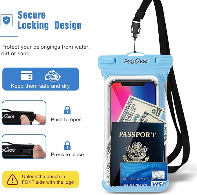 ProCase 2 Pack Waterproof Phone Pouch, Underwater Phone Case Up to 7", Dry Bag for iPhone 17 Air 16 15 14 13 Pro Plus Max, Galaxy S24 S23 S22 Ultra Pixel, Beach Essentials -Blue & Black