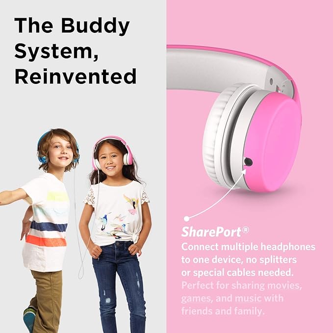 LilGadgets Connect+ Foldable Headphones, Adjustable Fit Soft Touch Padding for Kids with Mic, Volume-Limited & Noise Reduction On-Ear Wired Headset for School with SharePort - Pink, Ages 3-14