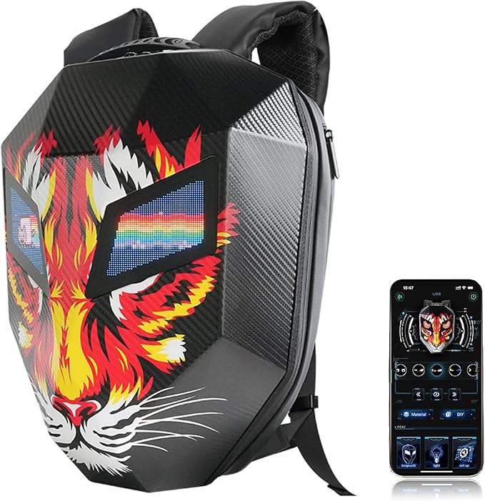 Motorcycle Backpack with LED Eyes, DIY Laptop Backpack for Riding, Cycling, Travel, Waterproof Hard Case Motorbike Bag, Large Size 19" Tiger
