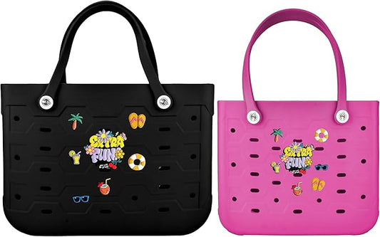 2-Piece Tote Bag Set, Waterproof Rubber Beach Bag with Summer Pattern, Medium & Large Handbag for Pool, Beach, Boat
