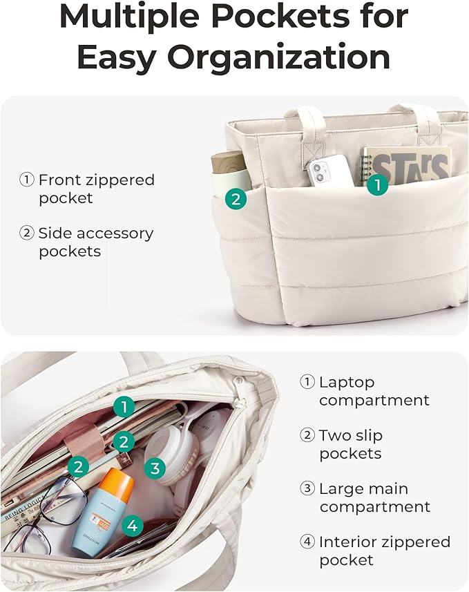 BAGSMART Tote Bag for Women, Lightweight Puffy Tote Bag with Compartments Shoulder Bag Handbag for Travel, Work, Gym
