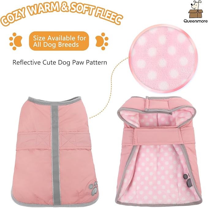 Queenmore Winter Coat, Fleece Puffer Down Vest, Cold Weather Pet Jacket, Waterproof Reflective Reversible Sweater Clothes for Small, Medium and Large Dogs (Light Pink, XL)