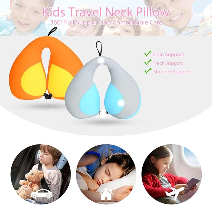 MOOB 2PCS Kids Travel Neck Pillow Soft Double Support Neck Pillow for Car & Airplane, Traveling Gifts for Toddler & Children (Yellow & Grey Blue)