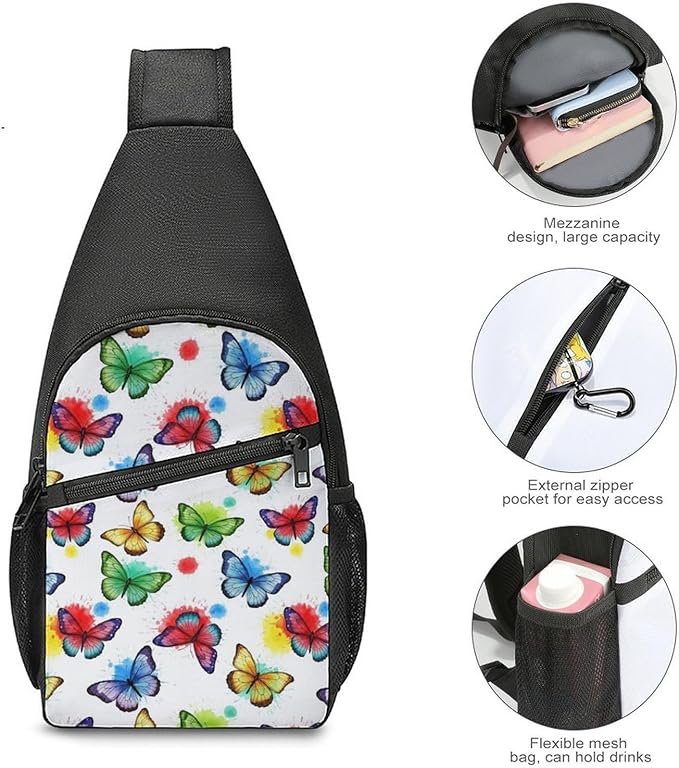 SWEET TANG Cute Sling Shoulder Backpacks Butterfly Art Bags Chest Sack, Anti Theft Crossbody Rucksack for Hiking Traveling Sports, Multipurpose Daypacks for Men Women