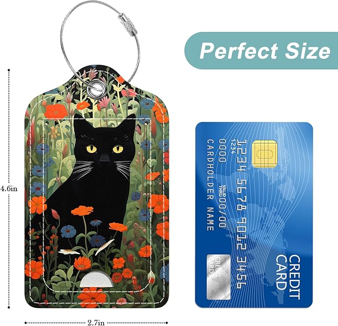 Rimilak 3 Pcs PU Leather Luggage Tags for Suitcase, Travel Cruise Luggage Tag with Privacy Flap, Name ID Label and Metal Loop for Women Men Baggage Handbag School Bag Backpack, Black Cat