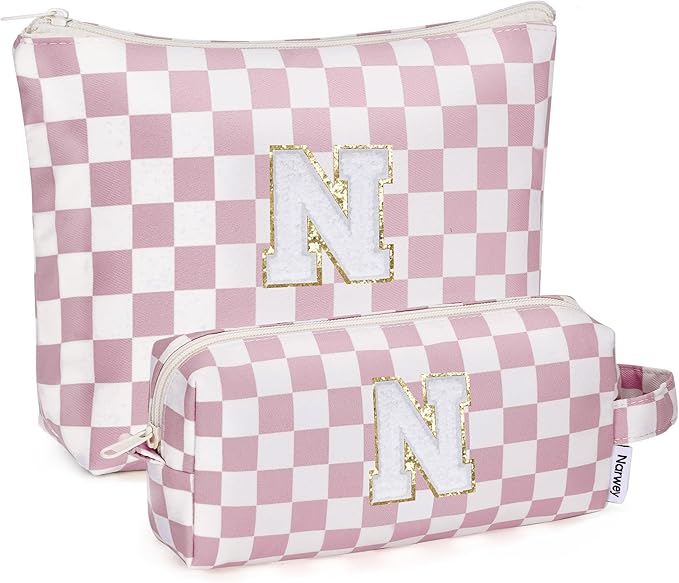 Narwey 2 Piece Personalized Initial Makeup Bag Checkered Cosmetic Bags, 6 8 10 11 12 13 14 16 18 Years Old Teen Girl Gifts Trendy Stuff Birthday Gifts for Women, Travel Toiletry Bag (Pink Letter N)
