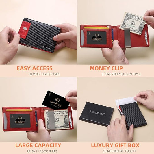 RUNBOX Slim Wallets for Men - Leather Money Clip Mens Wallet - RFID Blocking Front Pocket Bifold Wallet - Thin Credit Card Holder with Gift Box