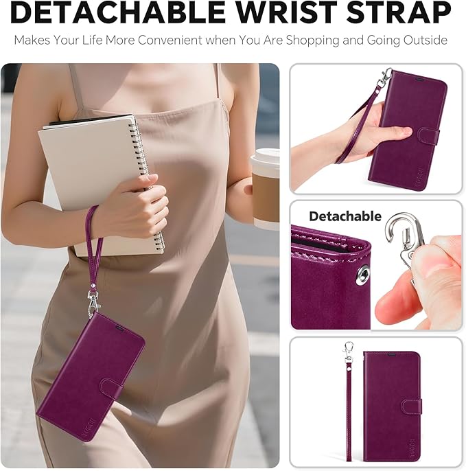TUCCH Detachable Case Wallet for iPhone 17 Pro (6.3") 2025, Wrist Strap | 4 Card Slots RFID Blocking | Wireless Charging | Stand | 2-in-1 Magnetic | PU Leather | Shockproof Folio Cover | Plum Purple