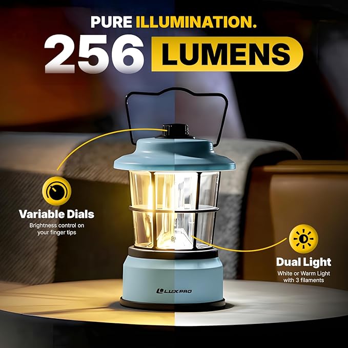 LUXPRO Retro LED Lantern - Battery-Powered Emergency Lantern - Water Resistant - Bright LED Lamp for Indoor & Outdoor Use - Use for Tents, Hiking or Hurricane Prep (Blue, Pack of 2)