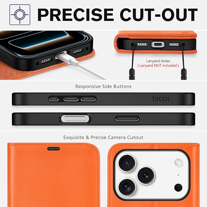 TUCCH Wallet Case for iPhone 17 Pro (6.3") 2025, 4 Card Holders, RFID Blocking, Stand, Shockproof TPU Shell, PU Leather, Magnetic Closure, Protective Flip Folio Cover, Orange