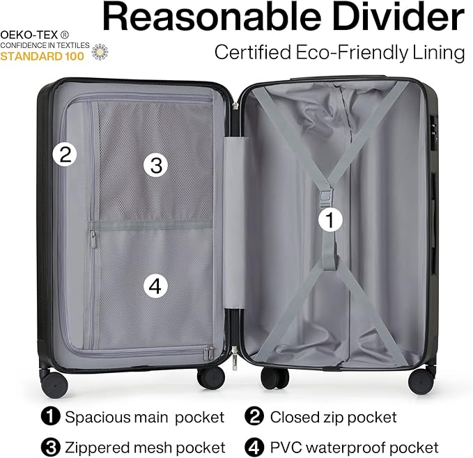 Hanke Luggage Sets 3 piece Carry On Luggage with Wheels PC Hard Shell Suitcases Lightweight Checked Travel Luggage Large Travel Suitcase Woman Men 20/24/29 Inch(Jet Black)