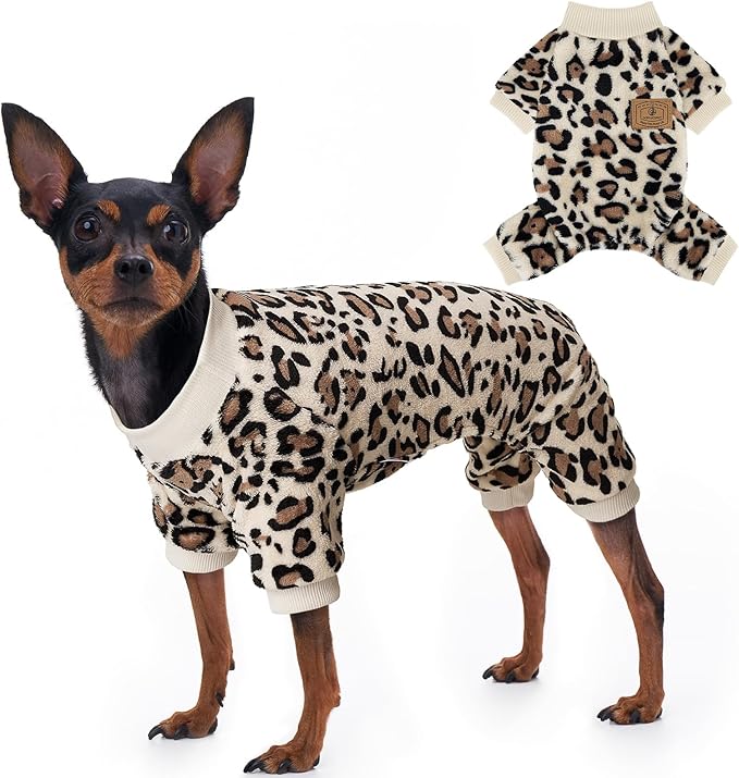 XPUDAC Fleece Dog Pajamas Leopard Dog Sweaters Winter Puppy Clothes for Small Medium Dogs Boy Girl Pet Jumpsuits Doggie Outfits for Christmas, M