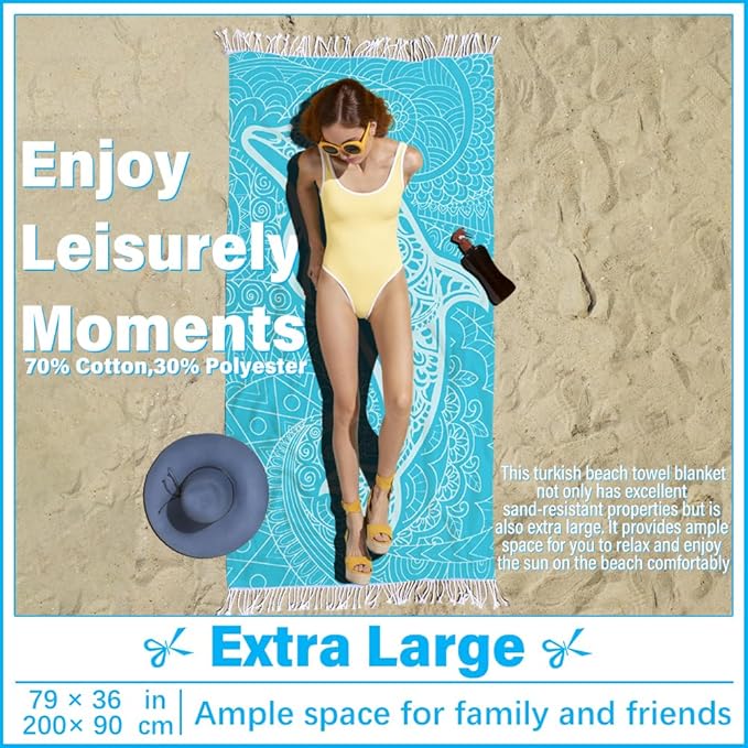 Thin Turkish Beach Towel Lightweight Soft Cotton Extra Large XL Oversized Sand Free Sandproof Absorbent Quick Dry Towels Cloud Bath Pool Travel Compact Essentials Accessories for Adult Gifts