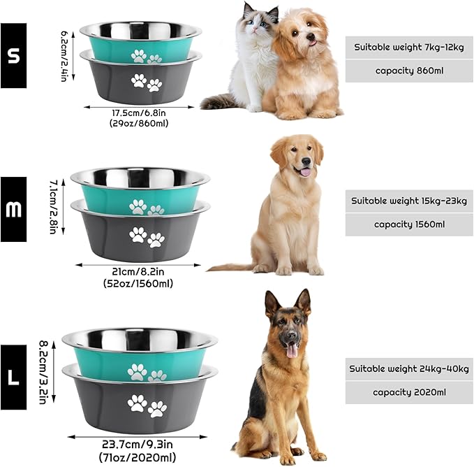 Stainless Steel Dog Bowls 2 Pack Large Extra Large Dogs Feeding Food Water Bowl with Non-Slip Silicone Sole, Dog Dishes Elevated Raised Pet Feeder(Green+Grey, XL(8.5 Cups)