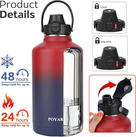 Water Bottle Insulated 32oz 40oz 64oz 128oz Straw Lid Spout Lid & 3 Lids, Leak Proof, Vacuum Insulated,Stainless Steel Water Bottle Wide Mouth for Sports, Gym or Office