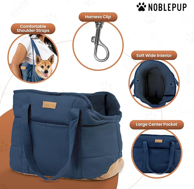 NoblePup Plush Dog Purse Carrier for Small Dogs, Soft Dog Tote Bag with Safety Harness Clip, Cozy Pet Carrier for Dogs Under 15 lbs, Comfortable Dog Shoulder Carrier for Travel, Dark Blue
