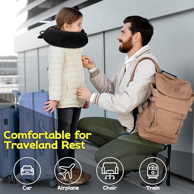 Kids Travel Pillow, Black Cat Cartoon Headrest & Neck Pillow for Kids Boys, Soft U Shaped Travel Pillow for Kids,Airplanes, Cars, Long Trips, Home