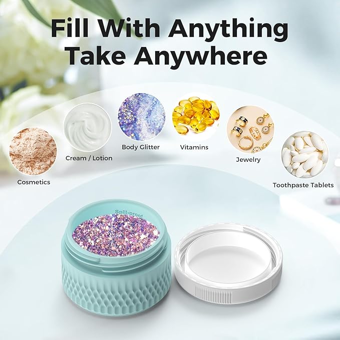 BPA Free Silicone Cream Jars - TSA Approved 2oz Travel Size Containers, Leak-proof with Lid for Cosmetic, Face, Hand, Body Glitters