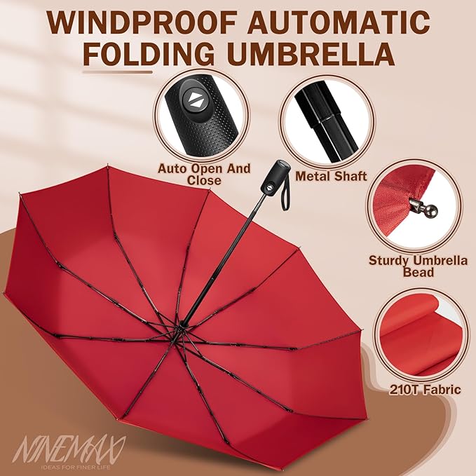NINEMAX Travel Folding Umbrella Windproof for Men Women, Portable Compact Umbrellas Automatic Open and Close for Rain
