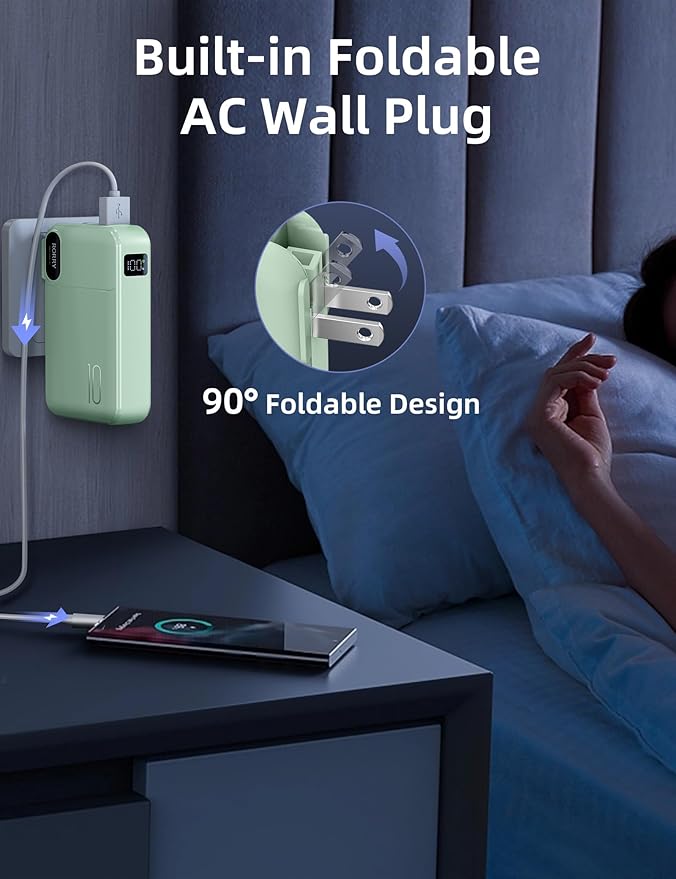 RORRY Portable Charger Built in Cables, AC Wall Plug In Portable Charger Power Bank 10000mAh Travel Battery Pack 22.5W Fast Charging for iPhone 17/16/15 Samsung Galaxy S24/S23/S22 Pixel LG iPad, Green