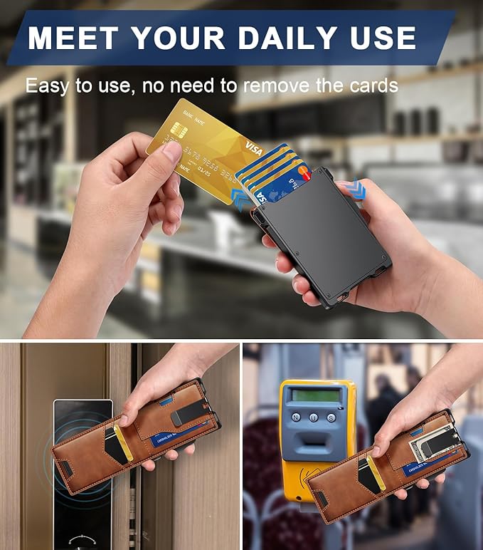 Wallet for Men, Minimalist Slim Mens Wallet with Money Clip, RFID Blocking Smart Pop Up Card Wallet with ID Window, Compact Bifold Wallet, Metal Aluminum Credit Card Holder（Brown）