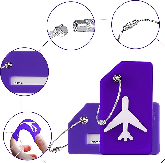 Gostwo 2 Pack Silicone Luggage Tags for Suitcases, 26 Initial Letter Baggage Labels Handbag School Bag Suitcase Instrument Tag with Stainless Steel Loop(Purple)(Airplane)