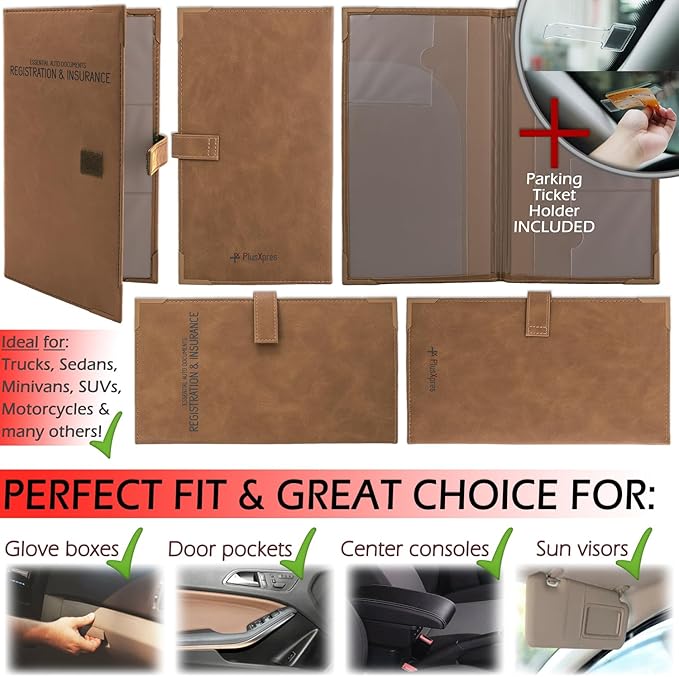 Auto Insurance and Registration Card Holder - Vehicle Glove Box Document Organizer - Car Essential Paperwork Holder for DMV, AAA, Contact Information Cards - Premium PU Leather Wallet Case - Brown