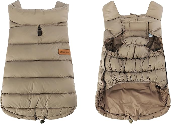 SPACE LION Dog Puffer Jacket, Down Winter Coat, Durable Outdoor Coat for Cold and Windy Conditions, Lightweight & Adjustable Fit Coats for Medium Dogs, (Khaki, Size14/L)