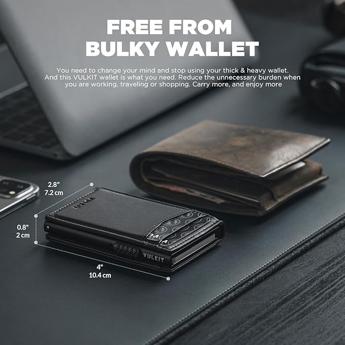 VULKIT Men's Wallet with ID Window Premium Leather Wallets RFID Blocking Minimalist Wallet Pop Up Card Holder Magnetic Closure