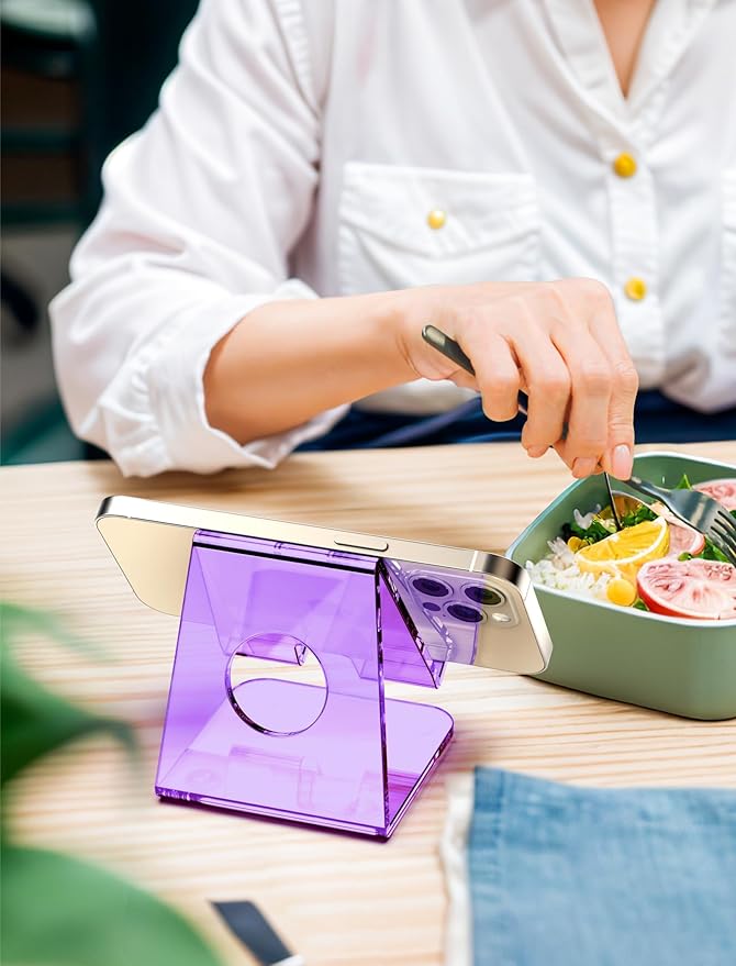 TOPGO Acrylic Cell Phone Stand, Clear phone Holder for Office Desk, Vanity, Kitchen Counter, Bedside Table, Compatible with iPhone 17 16 15 14 13 12 Pro Max Plus/Smartphones/iPad/Switc(Crystal Purple)