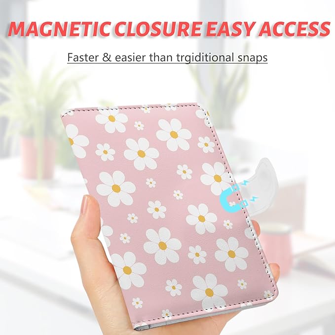Passport Holder, Travel Wallet Cover with Pen Loop | Cute RFID Blocking Leather Case with Magnetic Closure for Travel Essentials-flower