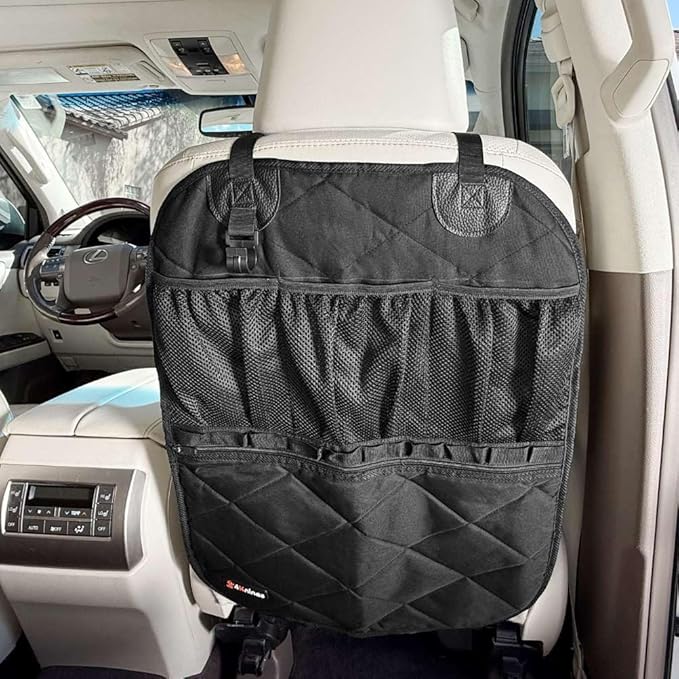 4Knines Car Seat Back Organizer – Heavy-Duty Kick Mat w/Mesh Storage Pockets, Bottle Hook – UV-Resistant Hardware – Waterproof Backseat Organizer for Kids & Pets – Fits SUVs, Trucks, Cars – Black