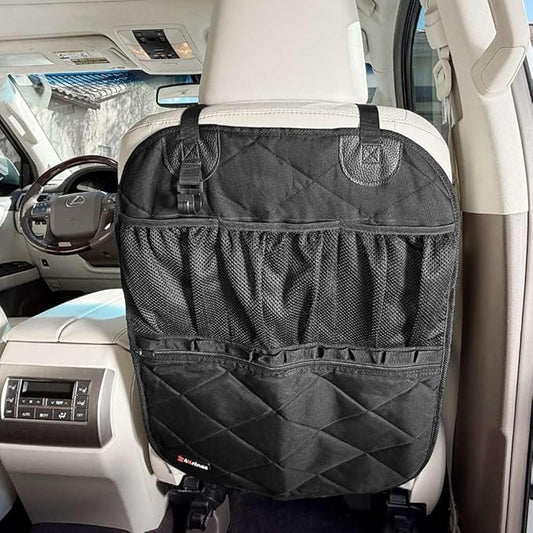 4Knines Car Seat Back Organizer – Heavy-Duty Kick Mat w/Mesh Storage Pockets, Bottle Hook – UV-Resistant Hardware – Waterproof Backseat Organizer for Kids & Pets – Fits SUVs, Trucks, Cars – Black