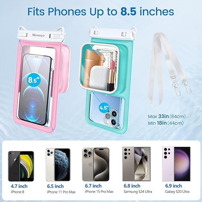 Niveaya [Floatable Floating Waterproof Phone Pouch 2 Pack-Up to 8.5", Large Space Adjustable Neck Lanyard Waterproof Phone Case, Phone Dry Bags for Vacation Beach Pool Kayak Cruise Travel Essentials
