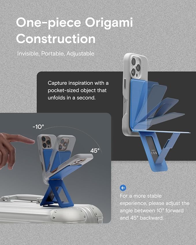 MOFT Phone Tripod Stand Selfie Stick for iPhone, Multi-Angles iPhone Stand, Lightweight & Portable Phone Holder, Strong Magnets, MOVAS Vegan Leather, Travel Essentials, Sapphire (Without Card Slot)