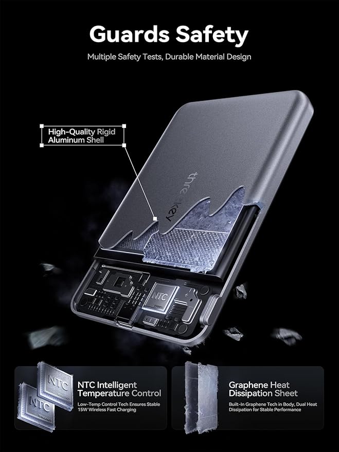 THREEKEY Ultra Slim for MagSafe Portable Charger, 10000mAh Card Slim Magnetic Power Bank,15W Wireless Fast Charging Battery Pack for iPhone 17 Air 16 15 14 13 12 Pro Max Plus(Argent Silver)
