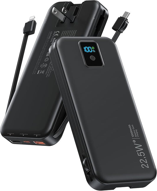 Portable Power Bank, 12000mAh 22.5W Fast Charging Phone Charger with Built-in Cables & Wall Plug, Travel Essential Battery Pack with LED Display, USB C Battery Charging Bank for iPhone, Samsung Black